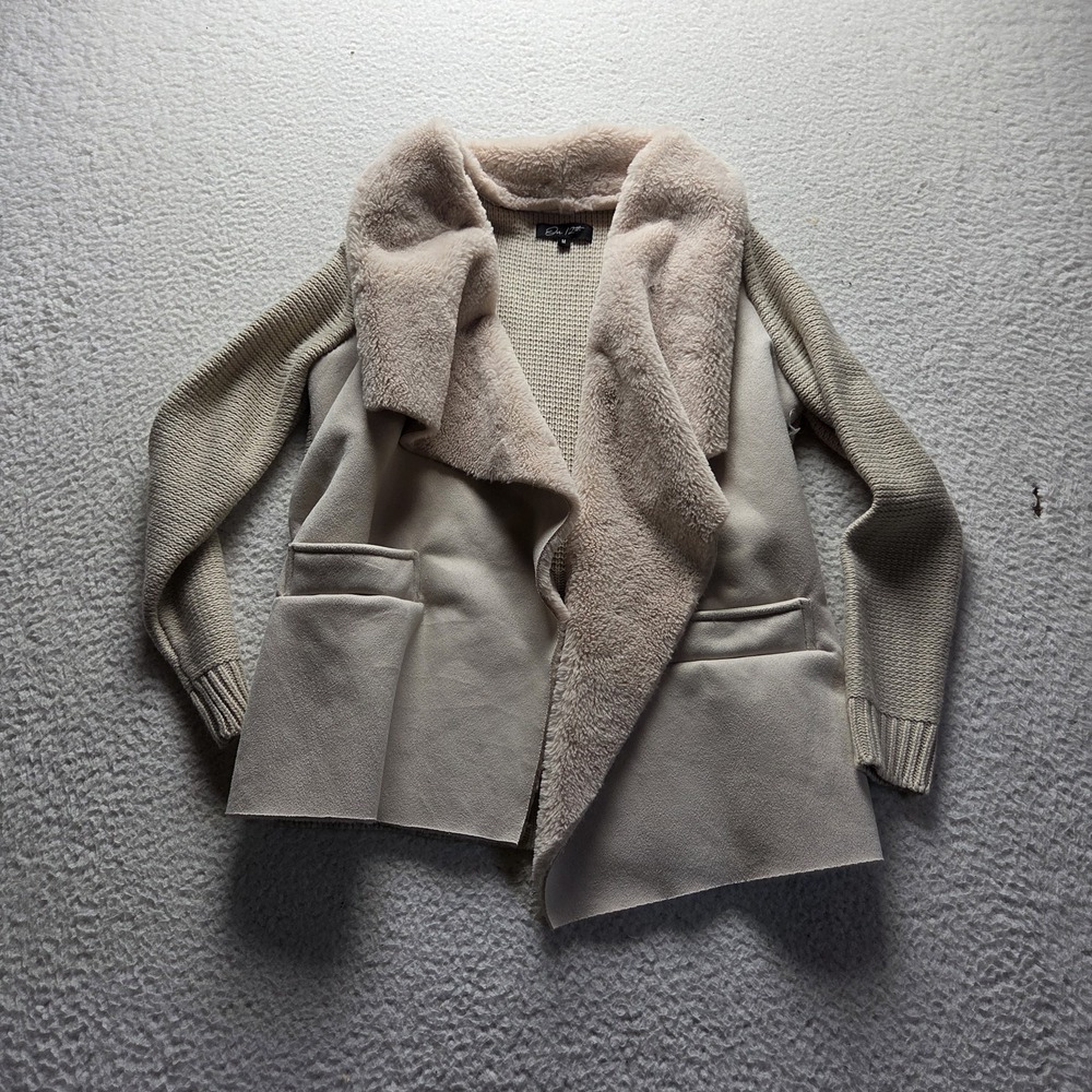 On 12th Coatigan Womens Medium Beige Knit Faux Fur Collar Open Front Pockets